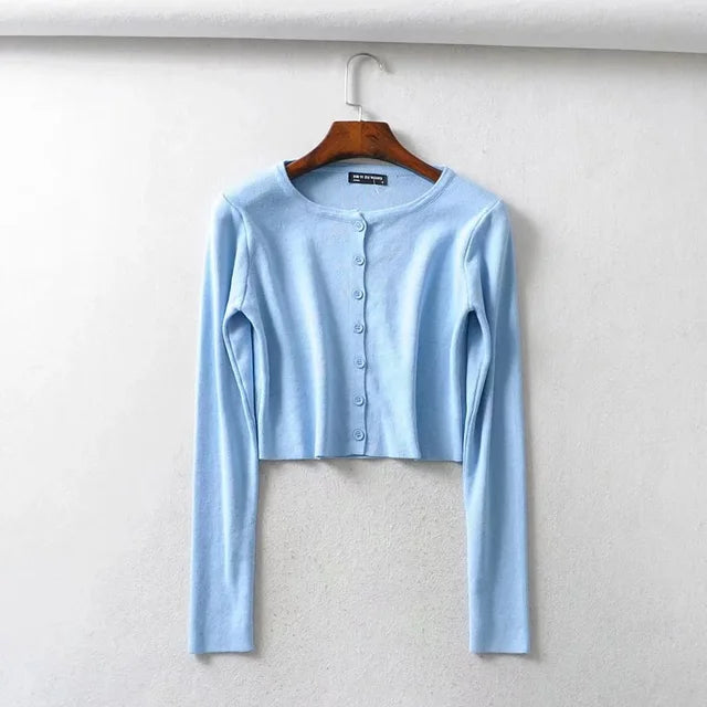 Spring O-Neck Long Sleeve Thin Cropped Sweaters