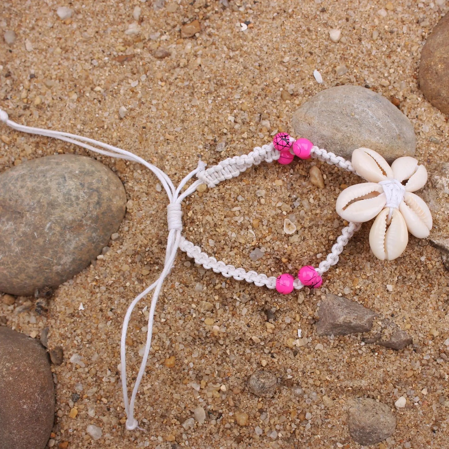 Bora Bora Beach Vibes - White Cord Cowrie Shell Flower Anklet