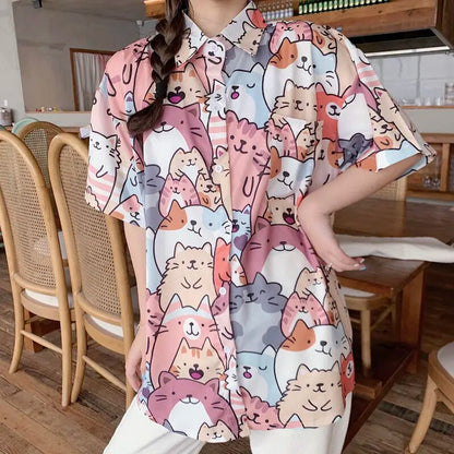 Summer Cat Print Shirt: Kawaii Korean-Style Casual Fashion