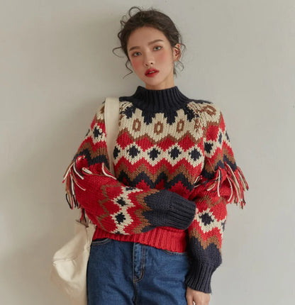 Women's Long Sleeve Autumn/Winter Christmas Sweater – Vintage Red Jacquard Knit, Boho Tassel Jumper Pullover