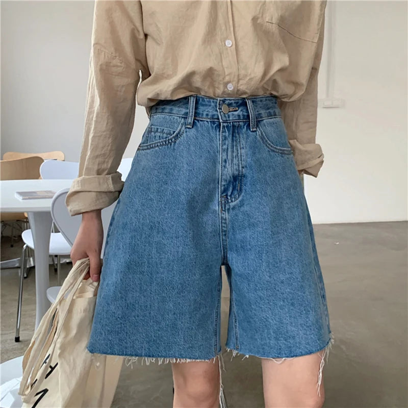 Casual Streetwear High Waist Womens Dark Blue Jean Shorts