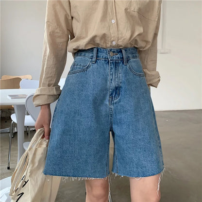 Casual Streetwear High Waist Womens Dark Blue Jean Shorts