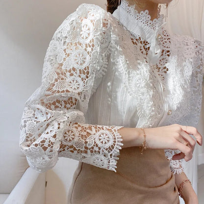 Vintage White Lace Blouse: Korean Buttoned Elegance for Women