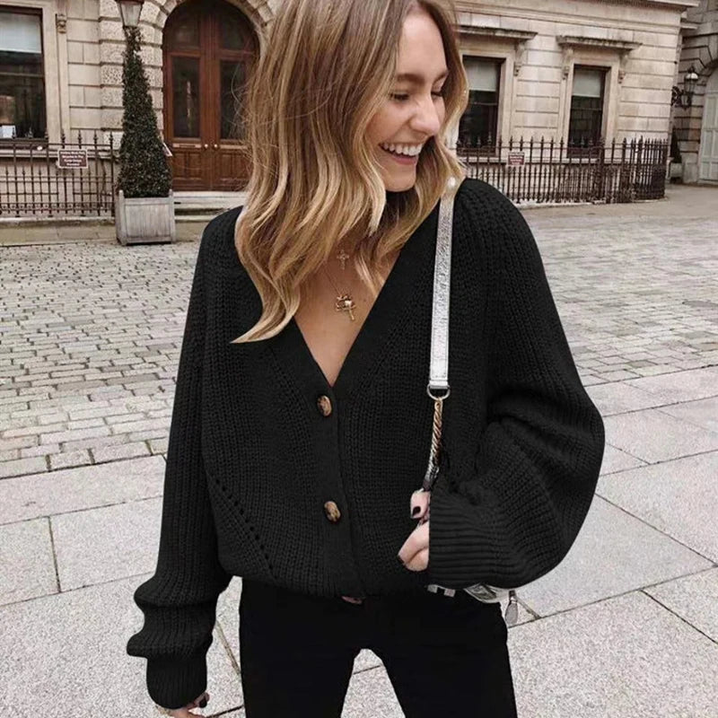 Lazy Wind Lady V Neck Cardigan Autumn Winter Fashion Knitted Jacket Women S Long Sleeve Sweater Top