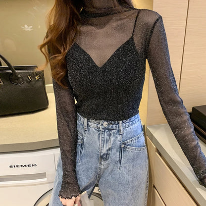 Artisanal Detail: 3D-Floral Mesh Lantern-Sleeve Top