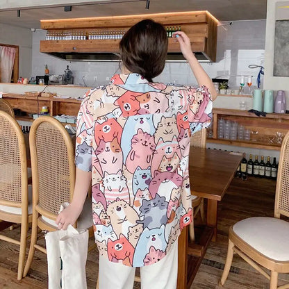 Summer Cat Print Shirt: Kawaii Korean-Style Casual Fashion