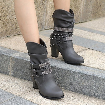 Women's Knee-High Buckle Strap Boots – Retro PU Leather Rivet Thick Heel Motorcycle Boots