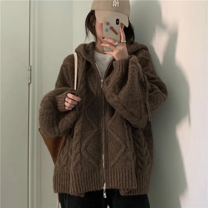 Womens Oversized Brown Knit Sweater Autumn Winter New Korean Fashion Long Sleeve Twisted Knit Cardigan Coat