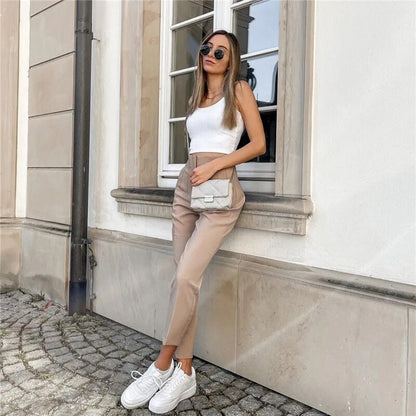 Elegant High-Waisted Beige Trousers: Stylish Office Fashion