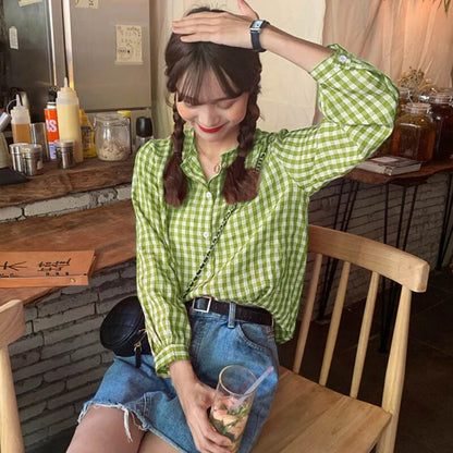 Chic Korean Plaid Blouse: Sweet Autumn Casual Style