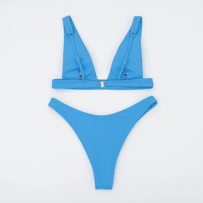 V Neck Blue One Piece Women Bikini