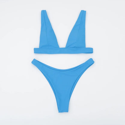 V Neck Blue One Piece Women Bikini