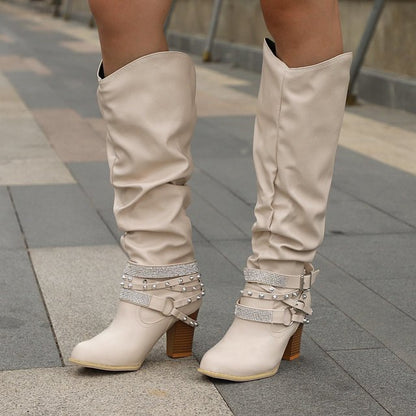 Buckle Design Square Mid Heel Women Knee High Boots