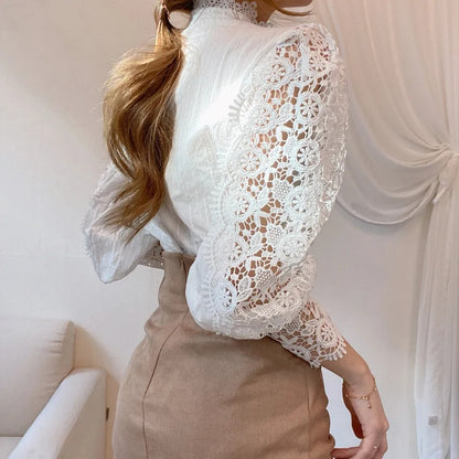 Vintage White Lace Blouse: Korean Buttoned Elegance for Women