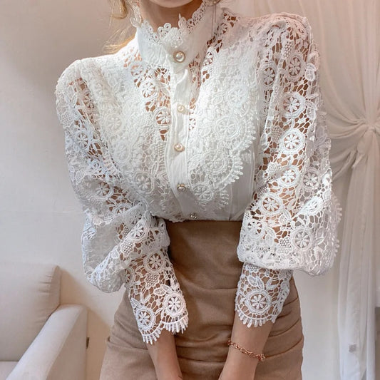 Vintage White Lace Blouse: Korean Buttoned Elegance for Women