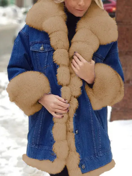 Furry Plush Neck Denim Jackets