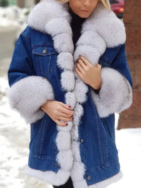 Furry Plush Neck Denim Jackets