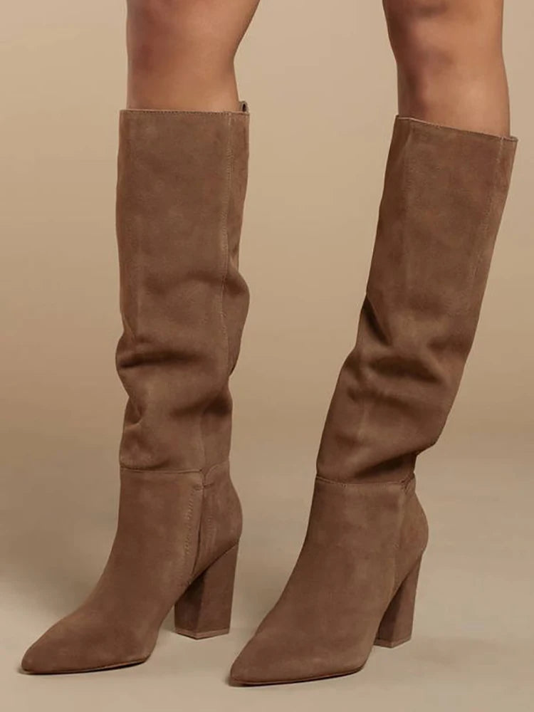 2024 Modern Knee High Suede Boots Square Heel Winter Shoes For Women