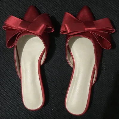 New Korean Style Silk Satin Pointed Baotou Half Slippers For Women 2025 Spring And Summer Bow Flat Heel Muller Shoes In Large Size