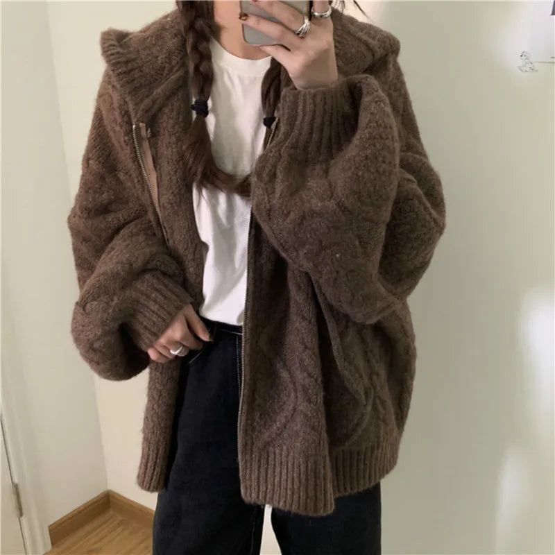 Womens Oversized Brown Knit Sweater Autumn Winter New Korean Fashion Long Sleeve Twisted Knit Cardigan Coat
