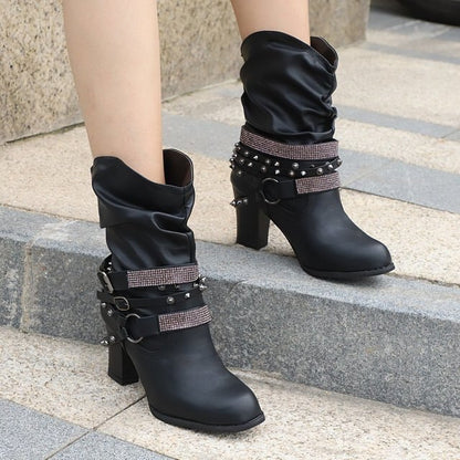 Women's Knee-High Buckle Strap Boots – Retro PU Leather Rivet Thick Heel Motorcycle Boots