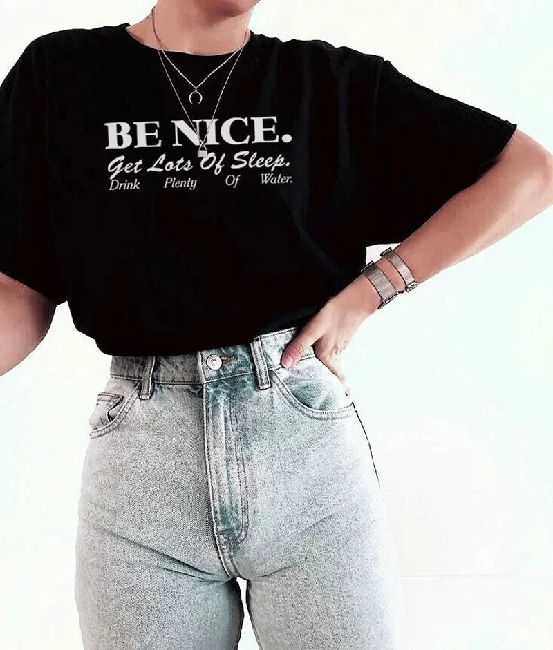 Be Nice Graphic Tee Womens Oversized Aesthetic T Shirt Inspirational Quote Harajuku Tumblr Grunge Top