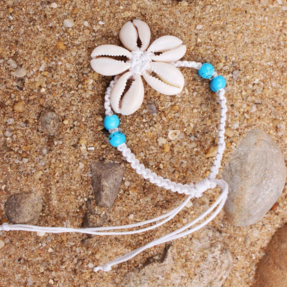 Bora Bora Beach Vibes - White Cord Cowrie Shell Flower Anklet