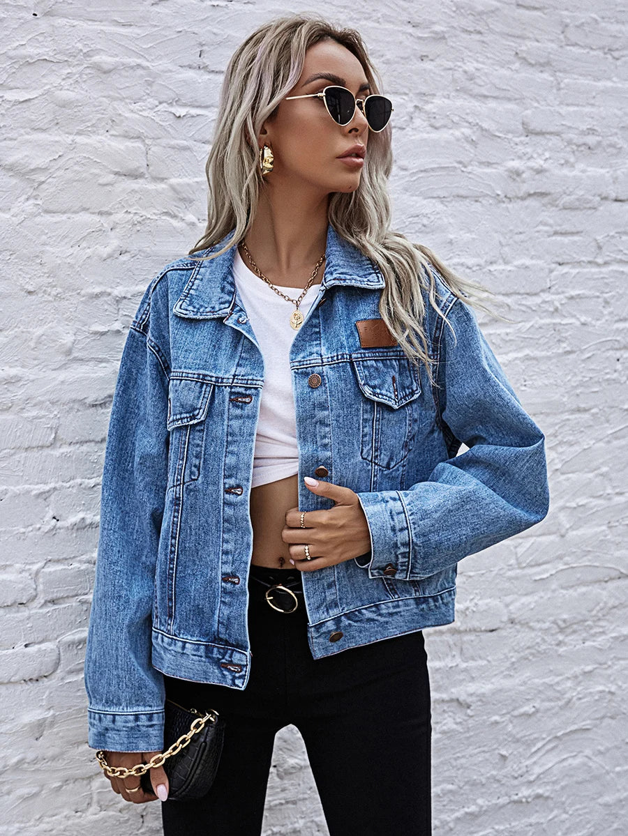 Casual Style Turn-Down Collar Denim Jacket For Women