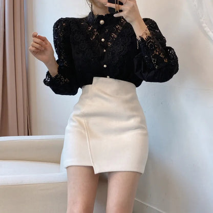 Vintage White Lace Blouse: Korean Buttoned Elegance for Women