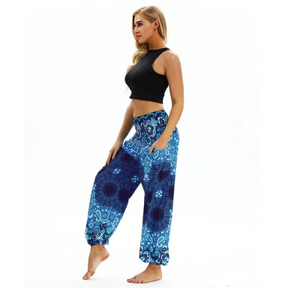 One Size Elastic Waist Flower Pattern Women Jogger Pants