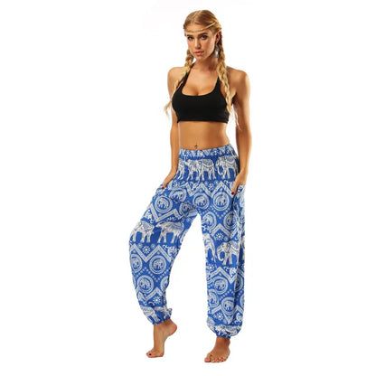 One Size Elastic Waist Flower Pattern Women Jogger Pants