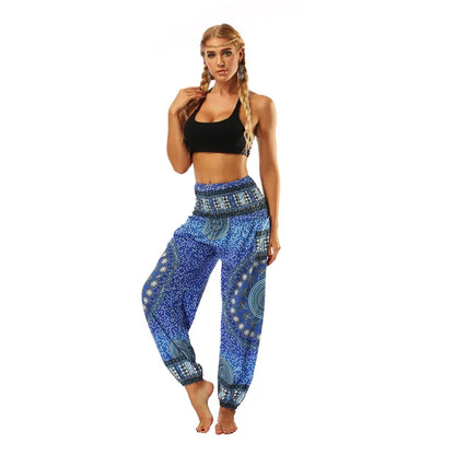 One Size Elastic Waist Flower Pattern Women Jogger Pants