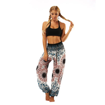 One Size Elastic Waist Flower Pattern Women Jogger Pants