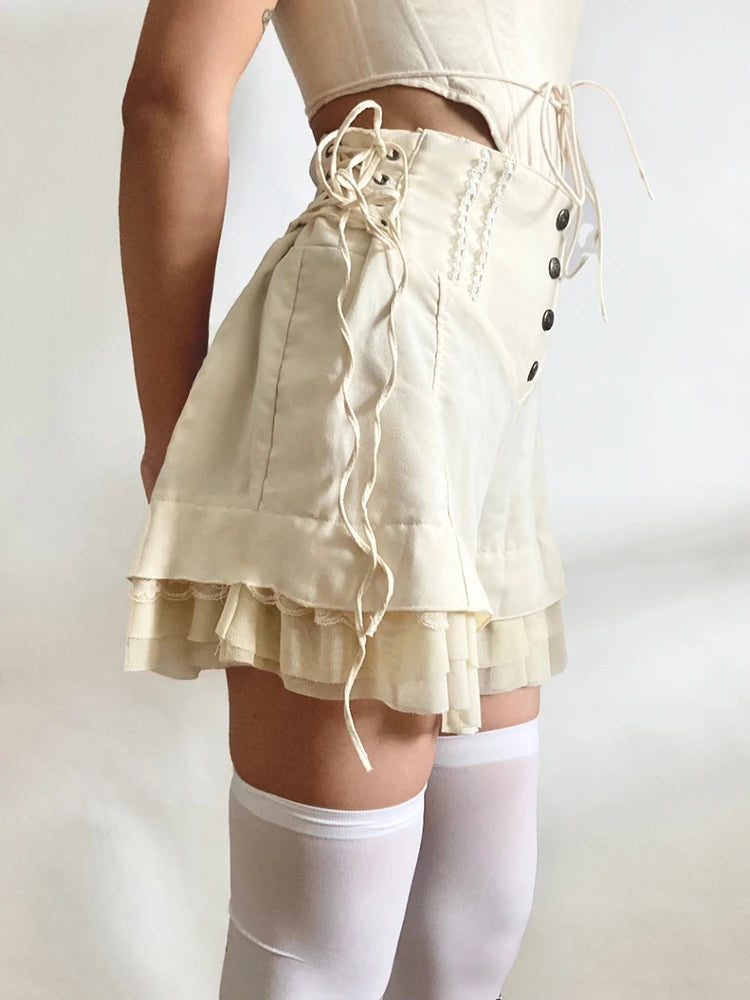 High-Waisted Vintage Sweet Bandage Ruffles Shorts For Women