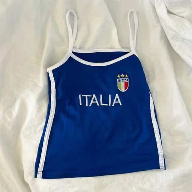 ITALIA Embroidery Blue Sleeveless Crop Top For Women