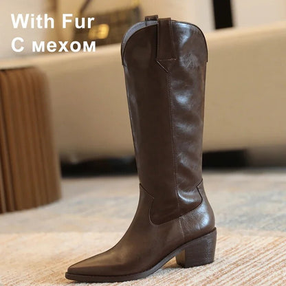 Genuine Leather Knee Boots for Women: Western Cowboy Style for Winter