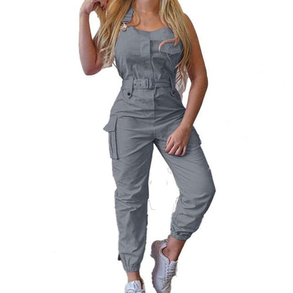 2025 Women’s Casual Cargo Jumpsuit – Sleeveless O-Neck Playsuit with Pocket, Belt & Loose Pencil Pants