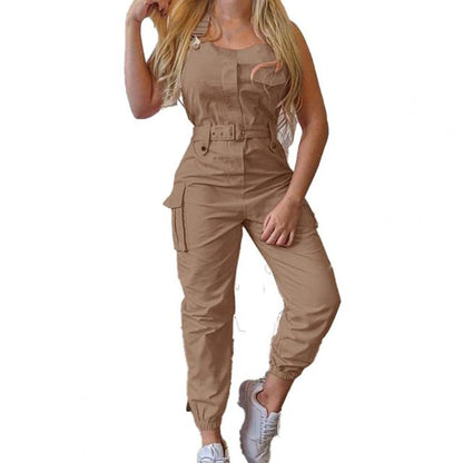 Womens Casual Backless Sleeveless Cargo Jumpsuit