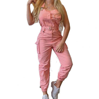 2025 Women’s Casual Cargo Jumpsuit – Sleeveless O-Neck Playsuit with Pocket, Belt & Loose Pencil Pants