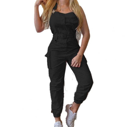 2025 Women’s Casual Cargo Jumpsuit – Sleeveless O-Neck Playsuit with Pocket, Belt & Loose Pencil Pants