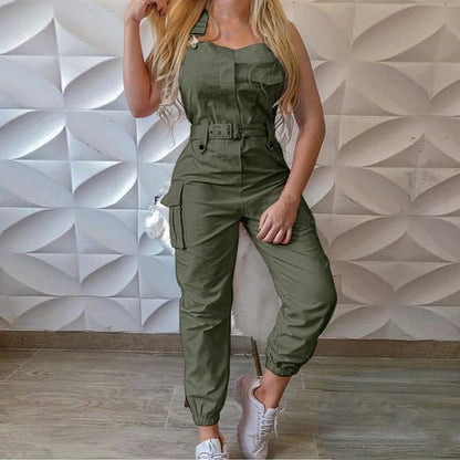 2025 Women’s Casual Cargo Jumpsuit – Sleeveless O-Neck Playsuit with Pocket, Belt & Loose Pencil Pants