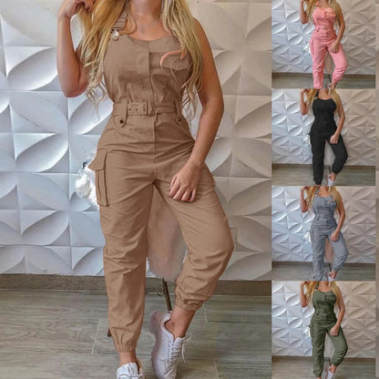 Womens Casual Backless Sleeveless Cargo Jumpsuit