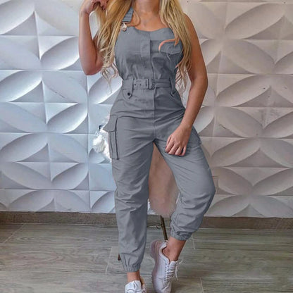 2025 Women’s Casual Cargo Jumpsuit – Sleeveless O-Neck Playsuit with Pocket, Belt & Loose Pencil Pants