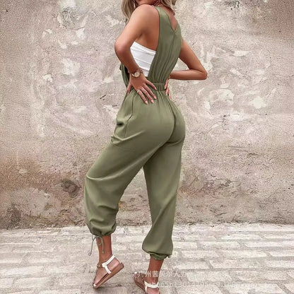 Women's One-Piece Jumpsuit – High-Waist Cargo Overalls, Sleeveless Lace-Up Romper, Casual Long Pants with Suspenders