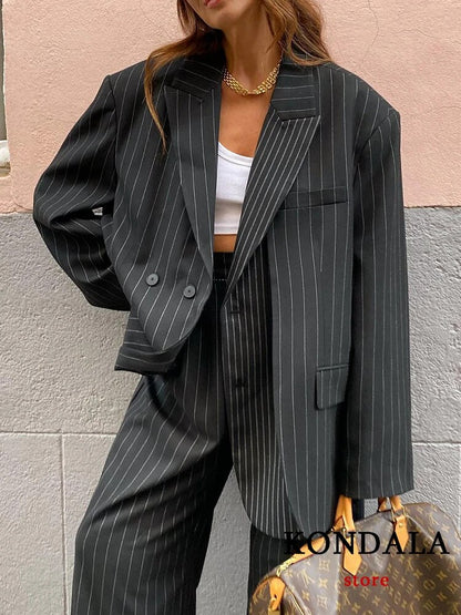 Striped V-Neck Blazer: Casual Office Fashion for 2024 Autumn with Pockets