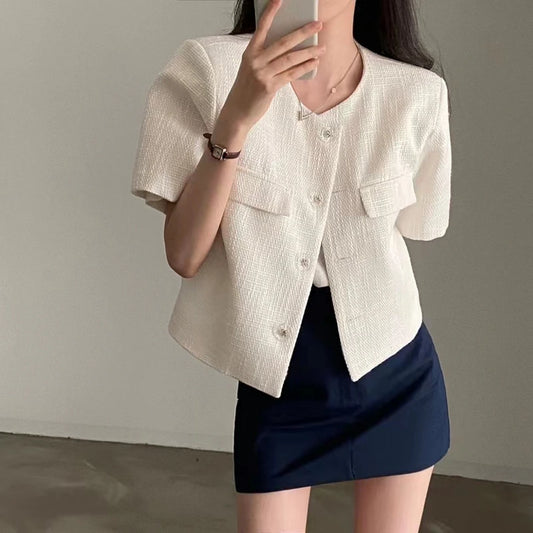 Korean Office Style Round Neck Tweed Jacket