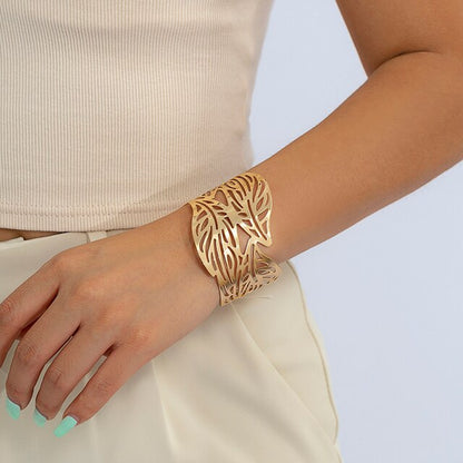 Wide Leaf Design Gold Silver Cuff Bracelets
