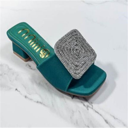 Square Rhinestones Decor Low Heel Women Summer Slippers