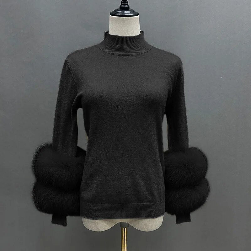 Women Chic Fluffy Fur Sleeve Sweaters