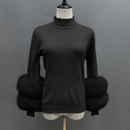 2025 Winter Sweater for Women – Fox Fur Cuff Cardigan, 100% Wool High Collar Pullover, Soft & Warm Fashion